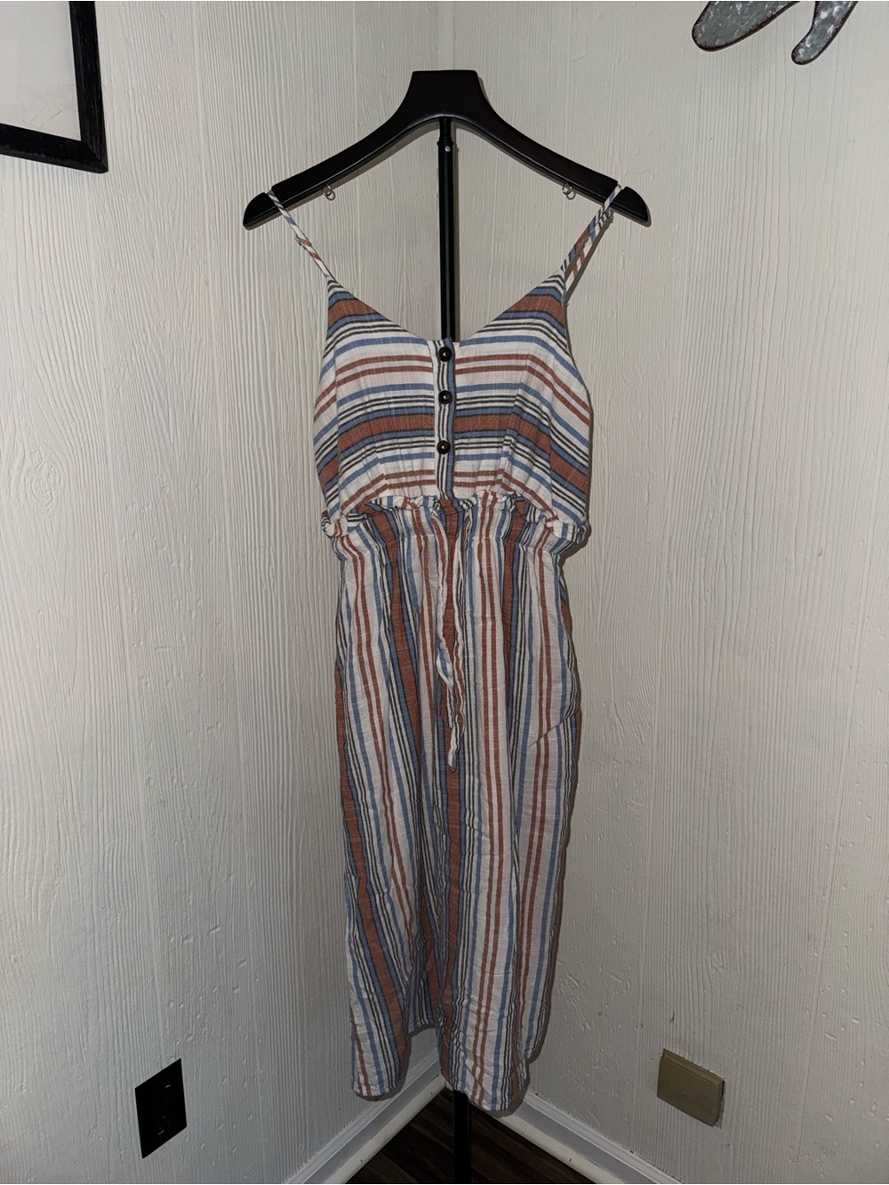 Japna Size Small Button Top Striped Slip Dress in Rust, Blue & White